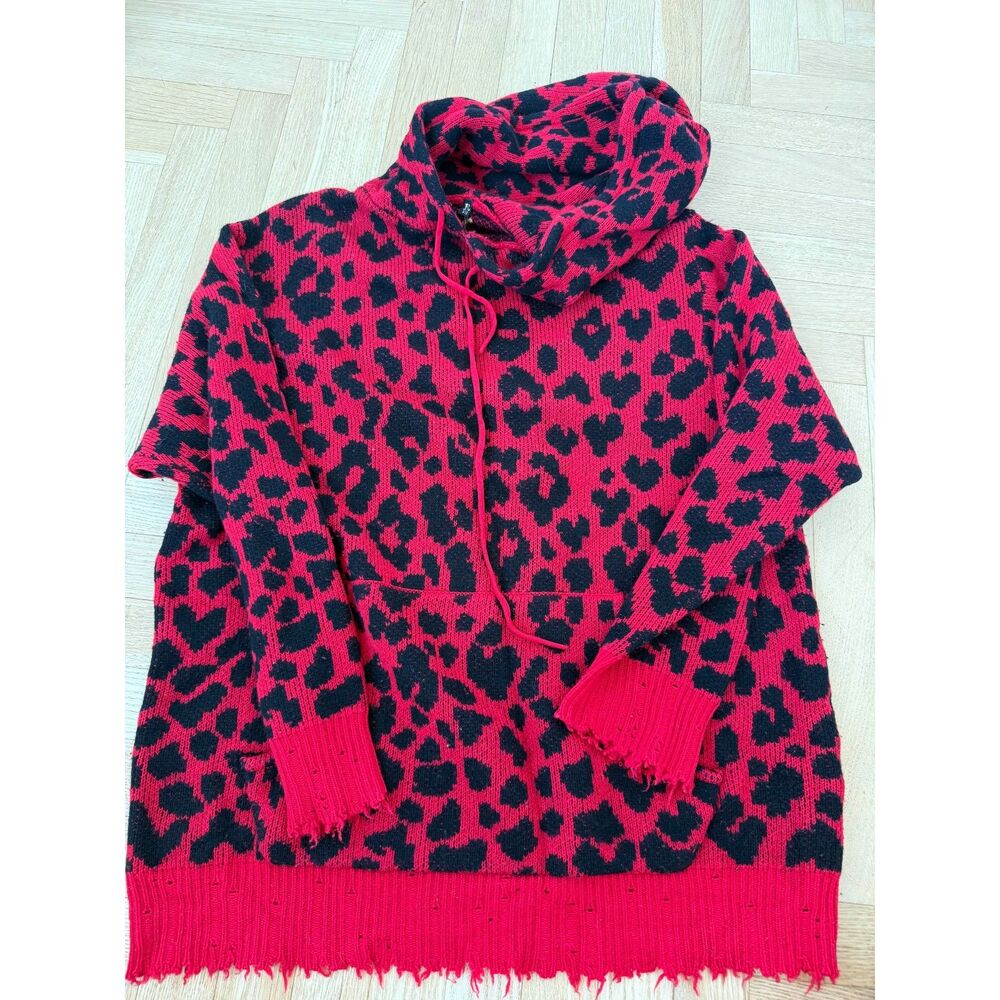 R13 - Red Leopard Print 100% Cashmere Hoodie - Small